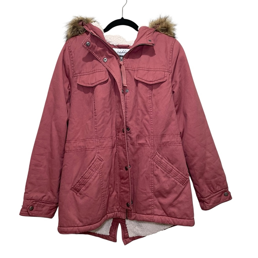 Sebby Faux Fur Hooded Sherpa Lined Utility Anorak Jacket Rose Women Size Large